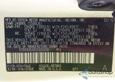 2012 Toyota Highlander z USA, uszkodzony, nr VIN 5TDZA3EH2CS024256